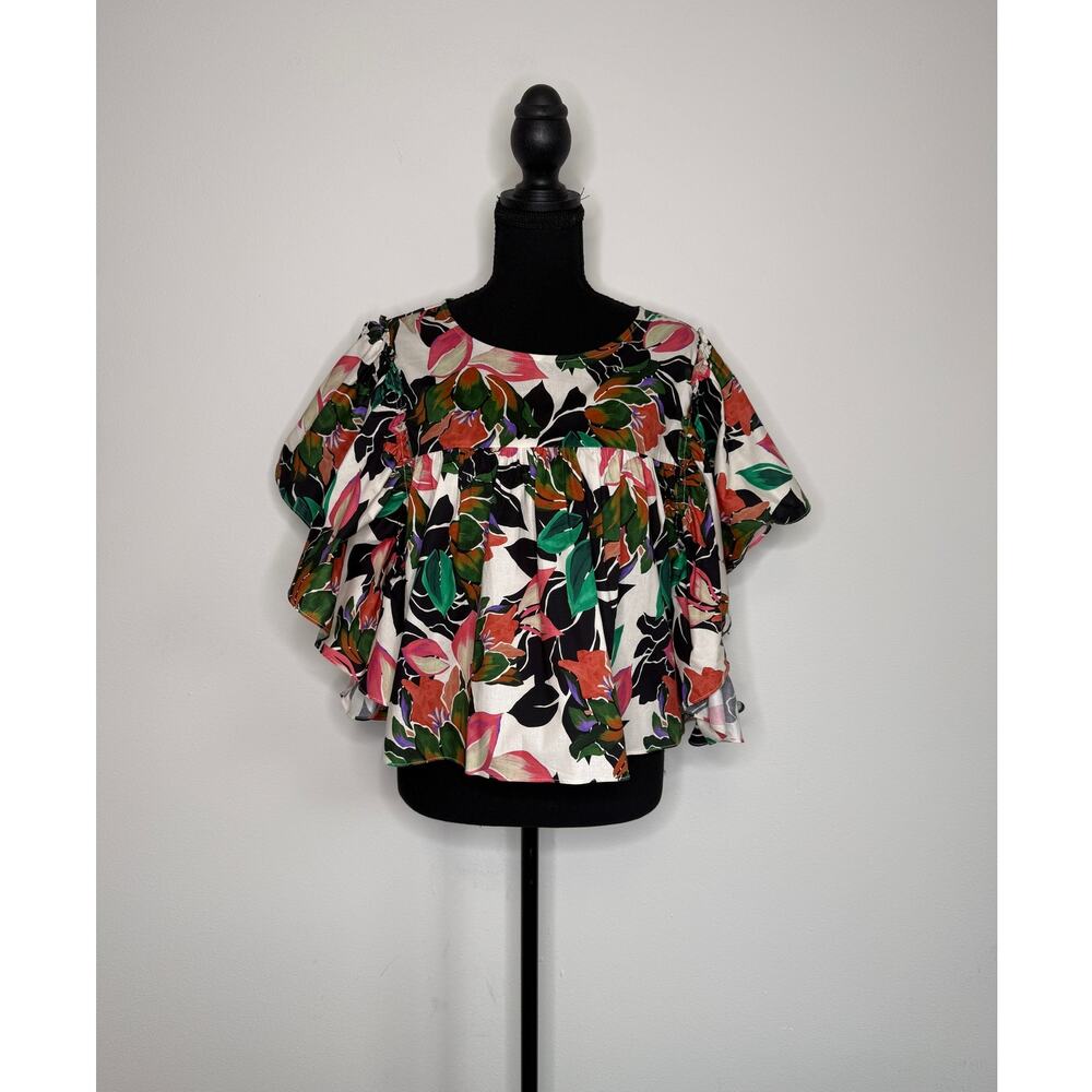 NWT MISA Los Angeles Floral Ruffle Sleeve Top Size L Cotton Vacation Blouse